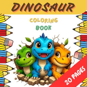 May include: A colorful dinosaur coloring book with the word "DINOSAUR" in brown letters at the top. The words "COLORING BOOK" are in yellow and green. Three cartoon dinosaurs in green, blue, and orange are featured. The book has 20 pages.
