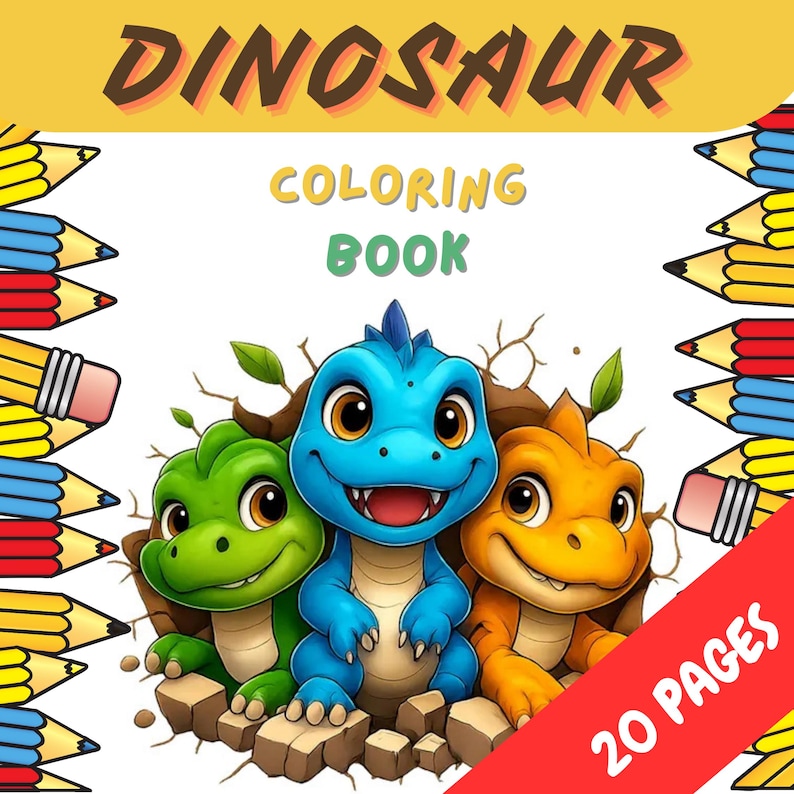 May include: A colorful dinosaur coloring book with the word "DINOSAUR" in brown letters at the top. The words "COLORING BOOK" are in yellow and green. Three cartoon dinosaurs in green, blue, and orange are featured. The book has 20 pages.