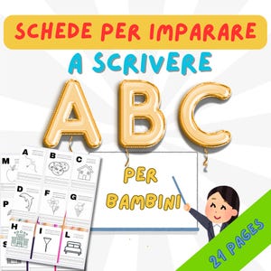 Puede incluir: Cuaderno educativo para niños con el texto "SCHEDE PER IMPARARE A SCRIVERE ABC PER BAMBINI". La portada presenta letras de globo doradas e ilustraciones. El cuaderno tiene 21 páginas.