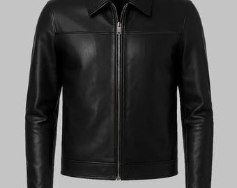 Chaqueta Harrington de piel de cordero negra para hombre de Mark / Chaqueta clásica hecha a mano con cuello camisero