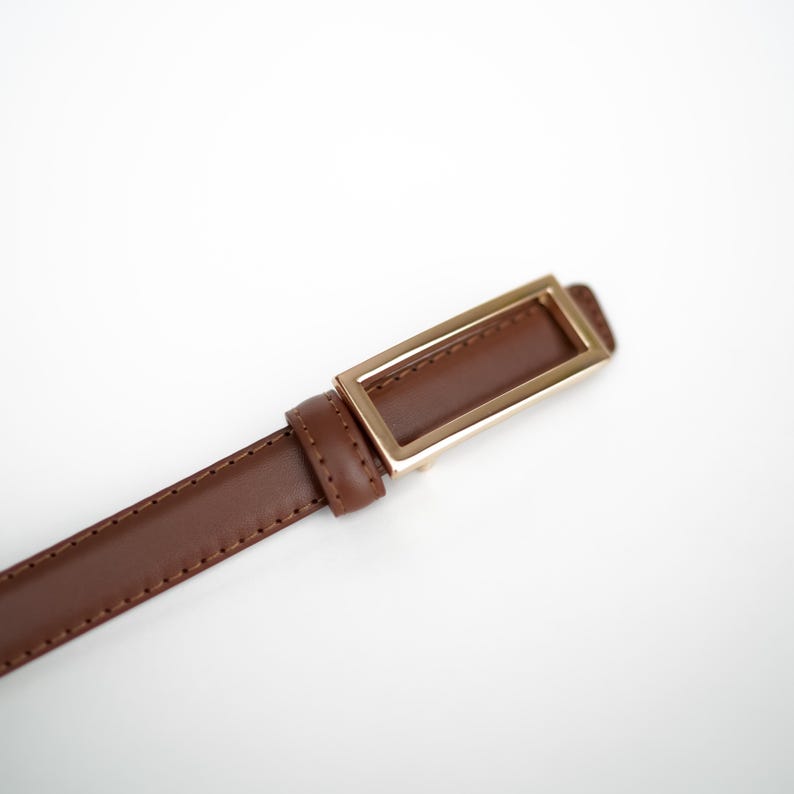 Op de afbeelding: Een bruine leren riem met een rechthoekige goudkleurige gesp. De riem is een dunne stijl, geschikt voor broeken of rokken. De gesp heeft een eenvoudig, modern ontwerp.