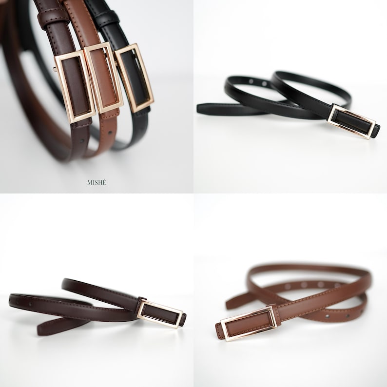 Op de afbeelding: Een collectie dunne riemen in verschillende bruin- en zwarttinten. Elke riem heeft een rechthoekige, goudkleurige gesp. De riemen worden gepresenteerd op een witte achtergrond, wat hun strakke en minimalistische ontwerp benadrukt.