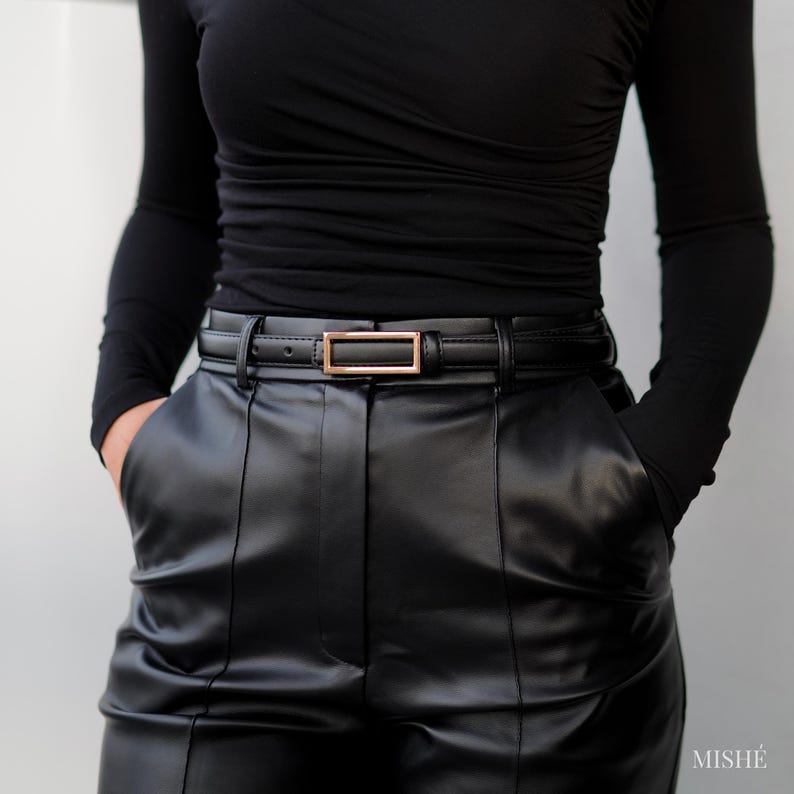 Black Leather Belt for Women, Belt for dress, Thin Leather Belt Gold Buckle, Classic Black Belts Minimalist, Gift for Her, Everyday Belt image 7