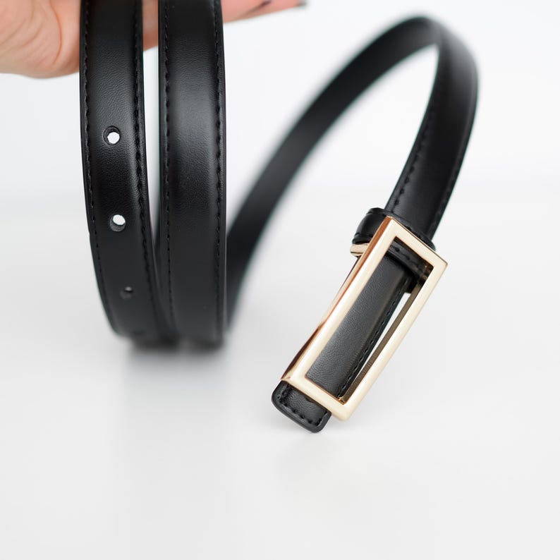 Black Leather Belt for Women, Belt for dress, Thin Leather Belt Gold Buckle, Classic Black Belts Minimalist, Gift for Her, Everyday Belt Black