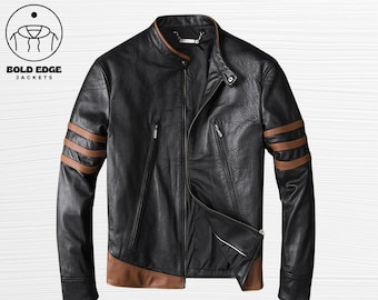 May include: Black leather jacket with brown accents on the sleeves and lower hem. The jacket has a zipper closure, a stand-up collar, and two zippered pockets. The brand logo "BOLD EDGE JACKETS" is in the upper left corner.