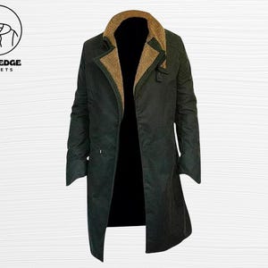May include: A dark green long coat with a brown faux fur collar and lining. The coat has a button closure and a tailored fit. The logo for Bold Edge Jackets is in the upper left corner.