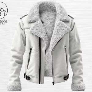 Puede incluir: Chaqueta blanca de piel sintética con cuello y forro de borreguillo. La chaqueta tiene cierre de cremallera, dos bolsillos con cremallera y herrajes negros. El texto "BOLD EDGE JACKETS" está en la esquina superior izquierda.