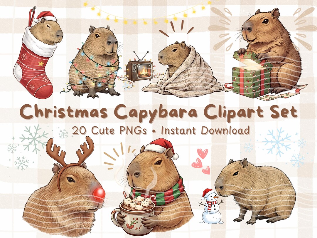 Kawaii Christmas Capybara Clipart Set PNG | Cute Animal Holiday Clipart ...