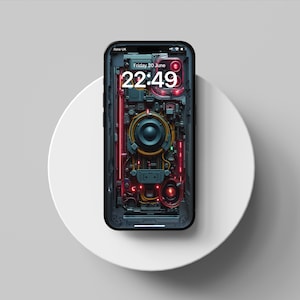 Op de afbeelding: Een zwarte smartphone toont een gedetailleerd, futuristisch intern ontwerp met rode en gele accenten. Het scherm toont de tijd als 22:49 uur op vrijdag 20 juni. De telefoon ligt op een wit, cirkelvormig platform tegen een grijze achtergrond.