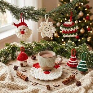 May include: A collection of crocheted Christmas ornaments including a Santa face, a white snowflake, and a festive sweater. A ceramic mug sits on a Santa-themed coaster, surrounded by small crocheted trees, a house, and cinnamon sticks.