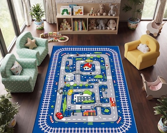 Road Map Play Mat | Cotton Kids Rug, Playroom Decor-Nursery Carpet