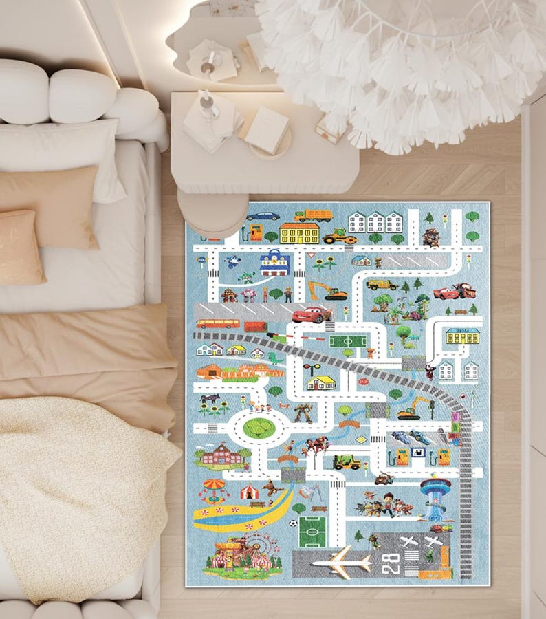 Kids Road Map Play Rug, Educational Playroom Carpet for Toddlers, City ...