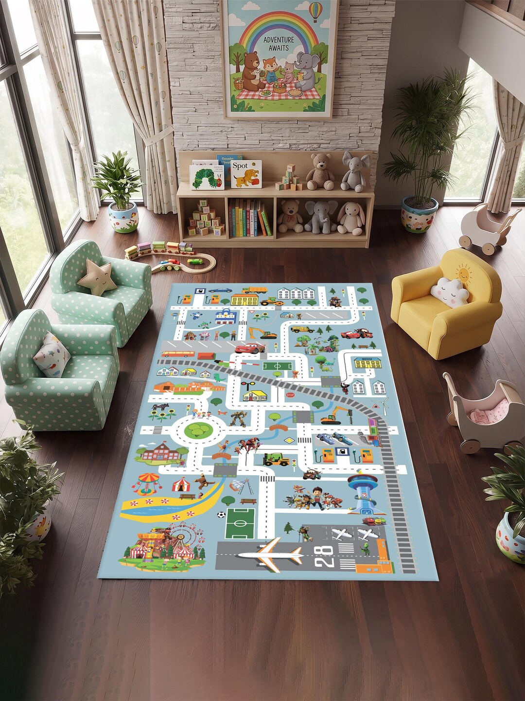 Kids Road Map Play Rug, Educational Playroom Carpet for Toddlers, City ...