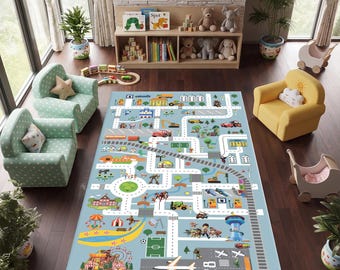 Kids Road Map Play Rug, Educational Playroom Carpet for Toddlers, City Traffic Nursery Rug, Toy Car Play Mat, Kids Room Decor