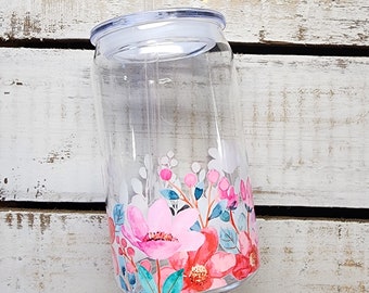 Floral Plastic Can Cup with Lid and Straw-16 oz. Mother's Day Gift