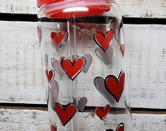 Red/Silver Hearts Valentine's Glass Can with  Red Lid and Glass Straw-16oz