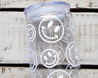 Smiley Face Plastic Can Cup with Lid and Straw-16 oz.