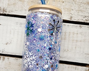 Snow Globe Glass Can - Mixed Snowflakes