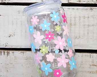 Multi Floral Plastic Can Cup with Lid and Straw-16 oz. Mother's Day Gift