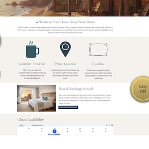 Könnte beinhalten: Webseitendesign für ein Hotel oder Resort, mit einem Küstenlandschaftsfoto oben. Die Seite enthält Symbole für Gourmet-Frühstück, erstklassige Lage und Komfort sowie einen Buchungskalender.