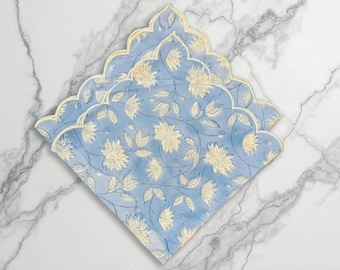Blue Organic Cotton Floral Print Table Setting Napkins, White Floral Block Print Cloth Napkins,  Daily Use Napkins, Home Party Napkins