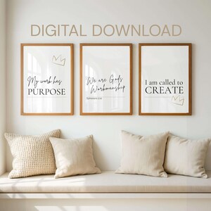Christelijke affirmatie muurkunst set van 3, geloof en creativiteit, schrift, aanmoediging van de vrouw, neutrale bijbelse motivatie prints