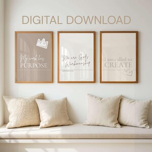 Purpose & Create affirmatie prints set, bijbelse schriftkunst, digitale download, zakelijke mentaliteit, neutraal beige minimalistische citaatposter, digitale download