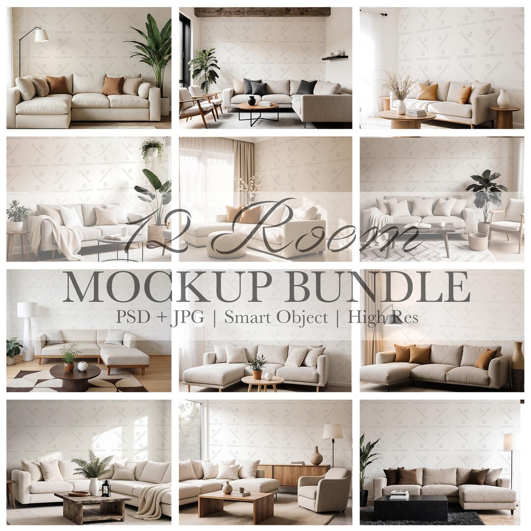 Neutral Living Room Wallpaper Mockup Bundle — 12 Cozy Interior Scenes ...