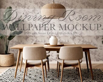 Dining Room Wallpaper Mockup – Warm Neutral Interior with Boho Details (PSD & JPG)