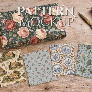 Vintage Fabric Pattern Mockup — Rustic Multi-Swatch Flat Lay (PSD & JPG)