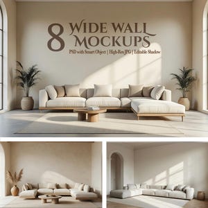 Könnte beinhalten: Eine digitale Sammlung von 8 breiten Wand-Mockups mit Innenraumszenen, beigen Sofas, hölzernen Couchtischen und Topfpflanzen. Der Text 8 WIDE WALL MOCKUPS PSD with Smart Object | High-Res JPG | Editable Shadow ist in Braun dargestellt.