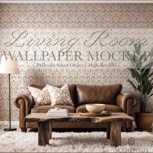 May include: A living room interior with a brown leather sofa, wooden coffee table, and patterned wallpaper. The scene includes cushions, a floor lamp, a potted plant, and a fluffy white rug. The text "Living Room Wallpaper Mockup" is visible.