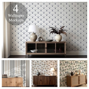 May include: Four wallpaper mockups showcasing various designs. One features a white background with a navy fan pattern. Other designs include vertical stripes, a leaf pattern, and a tropical scene. Each mockup includes a wooden cabinet, lamps, and decorative items.
