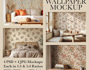 May include: A composite image showcasing four wallpaper mockups. The image includes text that reads "4 Mockups Included WALLPAPER MOCKUP" and "4 PSD + 4 JPG Mockups Each in 1:1 & 5:4 Ratios 3000x3000 px - 300 dpi Smart Object Ready". The mockups feature various interior settings.