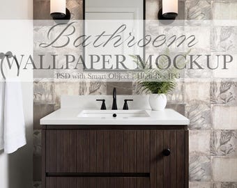 May include: A bathroom vanity with a dark brown cabinet, white countertop, and black faucet. The mirror is framed in black, and the wallpaper has a floral design. The text "Bathroom WALLPAPER MOCKUP" is overlaid on the image.