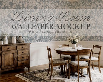 French Country Dining Room Wallpaper Mockup – Vintage Mural Display (PSD & JPG)