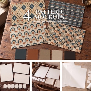 May include: Four rectangular pattern mockups featuring geometric, rainbow, and abstract designs in blue, tan, and terracotta. The text 4 PATTERN MOCKUPS is centred. Below are five solid colour swatches and three panels showing blank paper sheets.