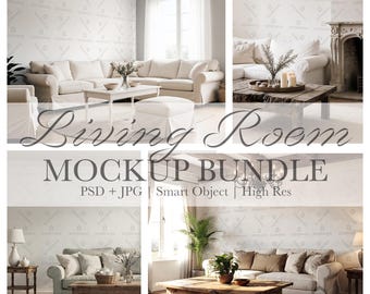 May include: A mockup bundle showcasing various living room scenes. The image features multiple interior design mockups with sofas, tables, and decorative elements. Text includes "Living Room Mockup Bundle" and details about the file format.
