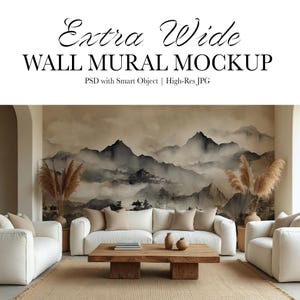 May include: An interior design mockup featuring a wall mural with a mountain landscape design. The scene includes a white sofa, wooden coffee table, and decorative vases. The text "Extra Wide WALL MURAL MOCKUP" is displayed at the top.