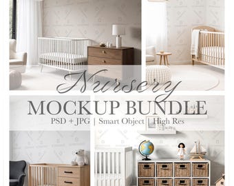May include: A mockup bundle showcasing nursery room designs. The image features various cribs, dressers, and decorative elements. Text overlay includes "Nursery Mockup Bundle" and details about file formats and resolution.