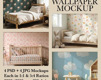 May include: A composite image showcasing four wallpaper mockups. Each mockup features a different nursery scene with various wallpaper designs, including planets, rainbows, and clouds. The image includes text indicating the mockups are ready for smart objects and come in 1:1 and 5:4 ratios.