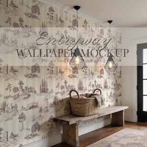 May include: Entryway wallpaper mockup featuring a landscape design in brown and cream tones. The scene includes a wooden bench, a woven basket, and two black pendant lights. The text "Entryway Wallpaper Mockup" is visible.