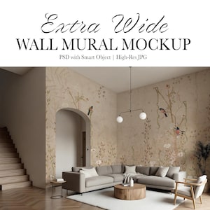 May include: An interior mockup featuring a large, beige wall mural with a floral and bird design. The room includes a gray sectional sofa, a wooden coffee table, and a white rug. The text "Extra Wide WALL MURAL MOCKUP" is displayed at the top.