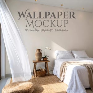 Rustic Bedroom Wallpaper Mockup — Soft Light Boho Style Interior (PSD & JPG)