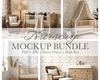 Boho Nursery Wallpaper Mockup Bundle — 4 Neutral Baby Room Scenes  PSD & JPG)