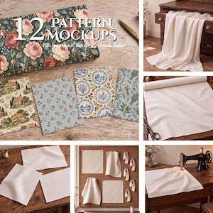 Vintage Fabric Pattern Mockup Bundle — 12 English Cottage Sewing Room Scenes (PSD & JPG)