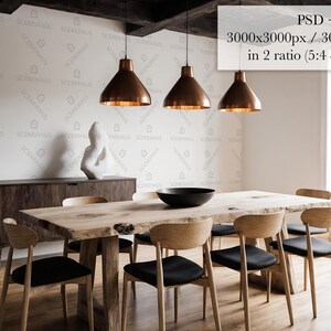 May include: A dining room scene featuring a large wooden table with six chairs, a dark wooden cabinet, and three copper pendant lights. A black bowl sits on the table. The text "PSD + JPG 3000x3000px / 300 dpi in 2 ratio (5:4 & 1:1)" is visible.