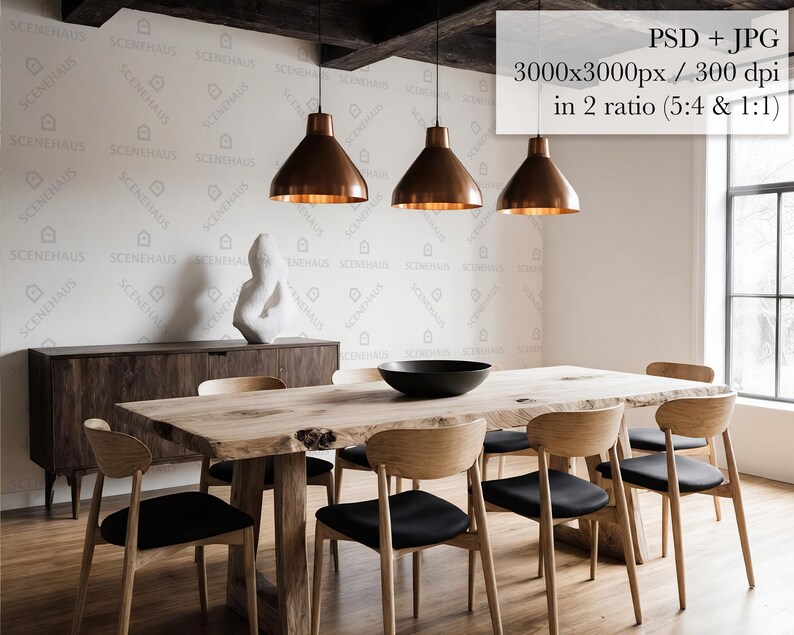 May include: A dining room scene featuring a large wooden table with six chairs, a dark wooden cabinet, and three copper pendant lights. A black bowl sits on the table. The text "PSD + JPG 3000x3000px / 300 dpi in 2 ratio (5:4 & 1:1)" is visible.