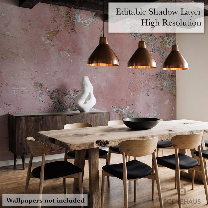May include: A dining room scene featuring a large wooden table with matching chairs, a dark wooden cabinet, and a white abstract sculpture. Three copper-colored pendant lights hang above the table. The wall is a textured pink color. Text on the image: "Editable Shadow Layer High Resolution" and "Wallpapers not included".