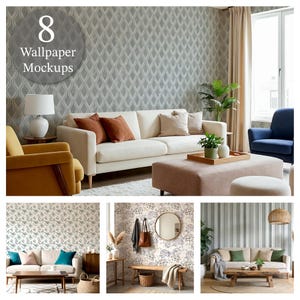 May include: A composite image showcasing eight wallpaper mockups in various interior settings. The main scene features a living room with a white sofa, brown cushions, and a patterned gray wallpaper. Additional scenes display different wallpaper designs and room arrangements.